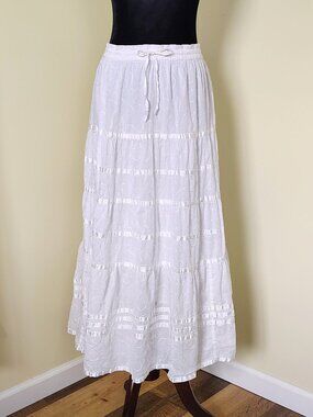 Vintage 80s/90s White Embroidered Cotton SILVER STREAM Ribbon Tiered Maxi Skirt